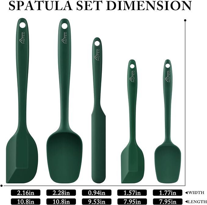 HOTEC 600℉ Heat Resistant BPA-Free Silicone Rubber Spatula Set,Kitchen Cooking Spatulas, Baking, Mixing for Non Stick Cookware, Dishwasher Safe, Dark Green Set of 5