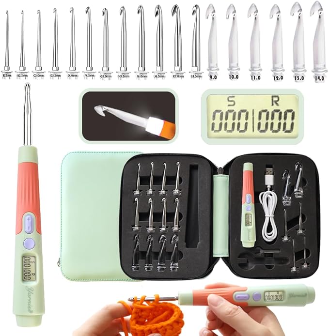 Yarniss Counting Crochet Hooks Set, 18 Size Light Up Crochet Hooks for Stitch & Row Counter 2.0mm-14.0mm