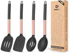 Pack of 4 Silicone Cooking Utensils Set, Non Stick Large Solid Spatulas, Heat Resistant Rose Gold Black Slotted Spoons, Ideal BPA Free Kitchen Turners for Frying, Mixing,Serving,Draining,Turning