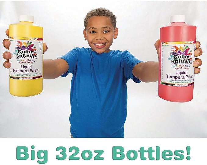S&S Worldwide Color Splash! Liquid Tempera Bulk Paint, Set of 12 in 11 Bright Colors, 32-oz Easy-Pour Bottles, Great for Arts & Crafts, School, Classroom, Poster Paint, For Kids & Adults, Non-Toxic.