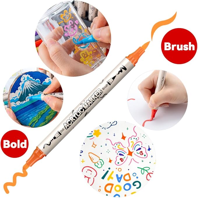 TRANSON 36 Colors Bold and Brush Dual-tip Acrylic Paint Marker Pen Set for Canvas Rock Wood Leather Ceramic DIY Painting