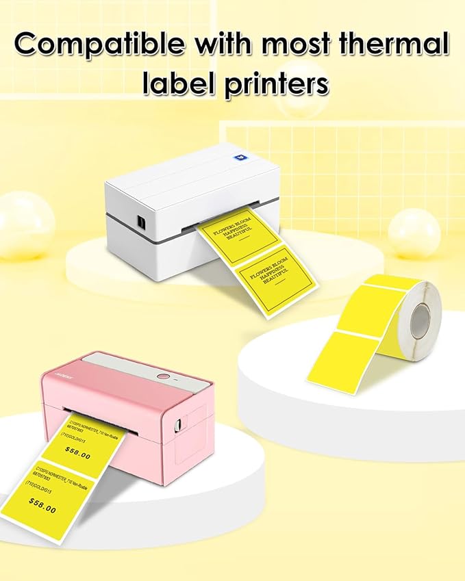 iEager Yellow Square Thermal Label Stickers, 2"x2" Self-Adhesive Square Direct Thermal Labels with Perforation Line, 500 Sheets/Roll