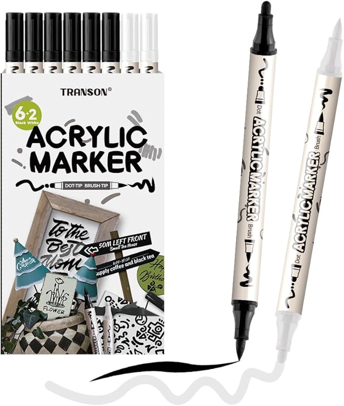 TRANSON 6 Black and 2 White Paint Markers Bold and Brush Dual-tip Acrylic Paint Marker for Rock Glass Canvas Wood Leather Ceramic DIY Painting