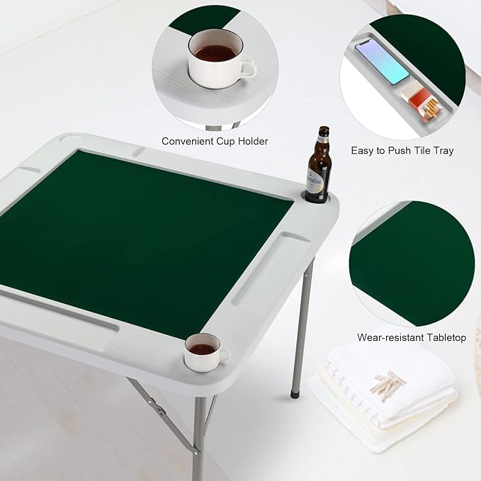 PEXMOR 35" Foldable Mahjong Table, 4 Player Card Game Table w/Cup Holders & Chip Grooves, Portable Folding Poker Domino Board Game Table for Blackjack, Texas Hold'em, Jigsaw Puzzles Game