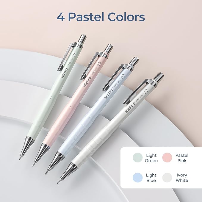 Nicpro Cute Mechanical Pencil Set, 4PCS 0.5 & 0.7 mm Pastel Drafting Pencils with 4 Tube HB Lead Refills, 4B Erasers, Rotary Retractable Eraser, Eraser Refill for Writing Sketching School Supplies