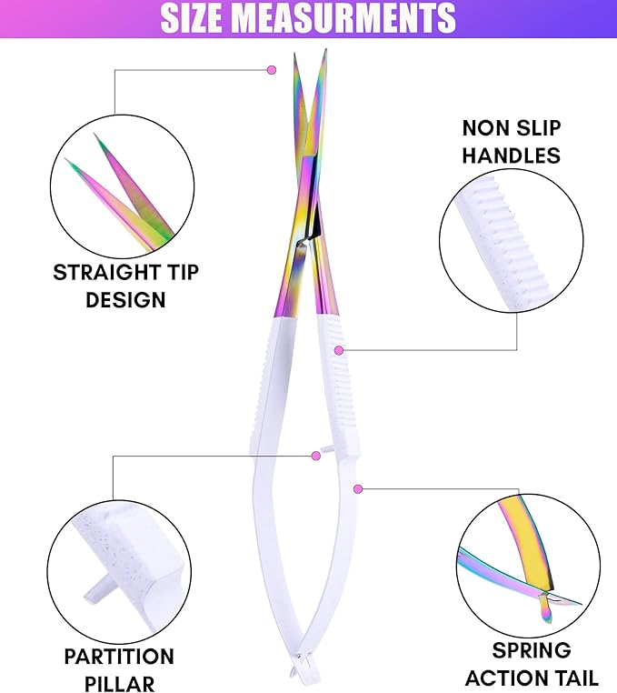 Cross Edge Spring Scissors 5 Inch straight Stainless-Steel Precision Eyebrow & Eyelash Shaping Trimming Scissor, Squeeze, Embroidery, Knitting Micro Tip Craft Scissors (Rainbow Glitter White)