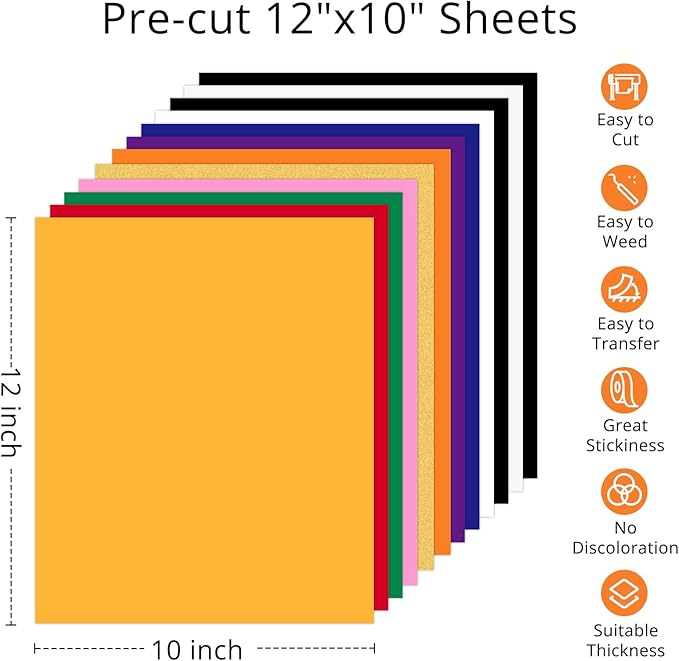 HTVRONT HTV Heat Transfer Vinyl -13 Pack HTV Vinyl Sheets, 12" x 10" Iron on Vinyl for T Shirts, 10 Assorted Premium Colors Heat Transfer Vinyl for All Cutting Machines