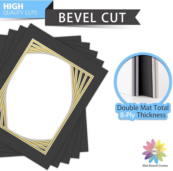 Mat Board Center, Double Mat - Acid Free, 8-ply Thickness, White Core - for Pictures, Photos, Framing (Black Over Gold, 11x14 for 8.5x11, Pack of 5)