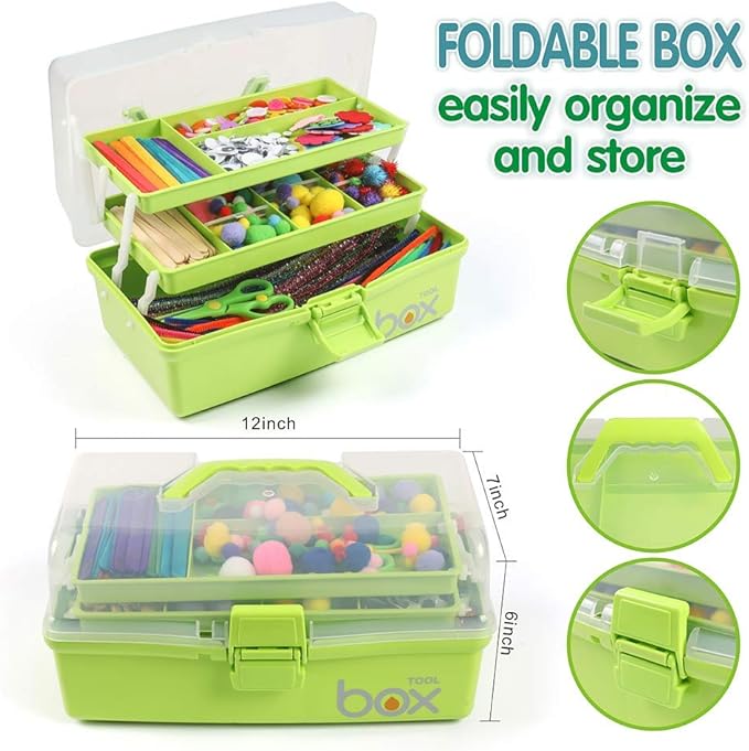 12in Three-Layer Multipurpose Storage Box Folding Tool Box/Art & Crafts Case/Sewing Supplies Organizer/Medicine Box/Family First Aid Box with 2 Trays (Green)