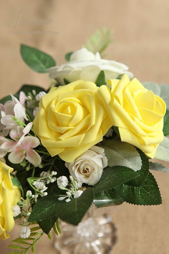 Floroom Artificial Flowers 25pcs Real Looking Canary Yellow Foam Fake Roses with Stems for DIY Wedding Bouquets Baby Shower Centerpieces Floral Arrangements Party Tables Home Decorations