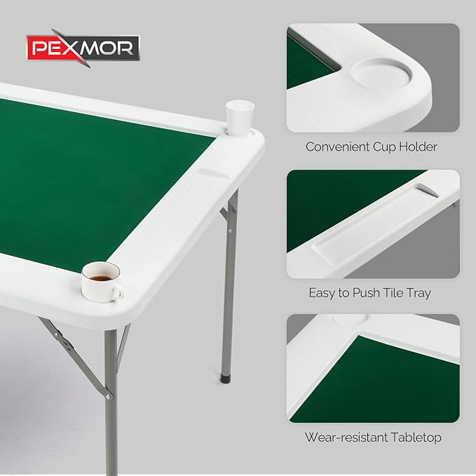 PEXMOR 39.5" Foldable Mahjong Table, Square 4 Player Card Game Table w/Cup Holders & Chip Grooves, Portable Folding Poker Domino Board Game Table for Blackjack, Texas Hold'em, Jigsaw Puzzles Game