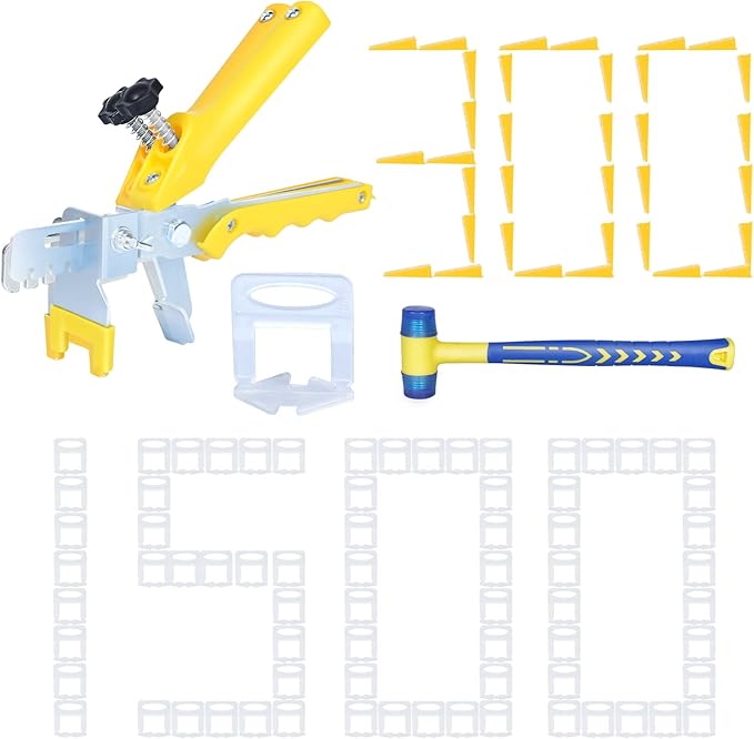 Tile Leveling System with Tile Plier 1500Pcs Piece Tile Spacers Clips 300Pcs Piece Reusable Wedges and 1 Rubber Mallet Tile Tools Set for Stone Installation (1/32"(1.0 mm)