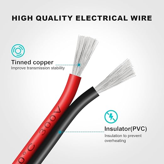 20 Gauge 2 Conductor PVC Tinned Copper Electrical Wires, 32.8FT/10M Red and Black Double Parallel Wire,0.5mm²，for DIY Projects, Home Electrical, Power Wiring,Car Speaker Wires, LED Wires.