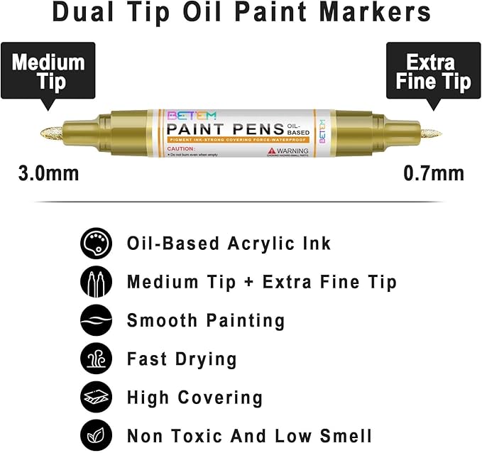 Betem Oil Based Paint Markers, Dual Tip Paint Pens(0.7mm & 3mm), Gold Silver Permanent Paint Marker Pen, Waterproof, Quick Dry, for Fabric, Rock Painting, Wood, Plastic, Metal, Canvas (2Gold2Silver)