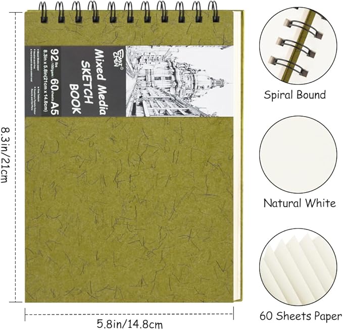 8.3x5.8 Sketch Book, Top Spiral Bound Sketch Pad, 60sheets 92lb/150gsm Nature White Paper, Acid-Free Mixed Media Paper for Painting, Dawing & Art Supplies.N-Green