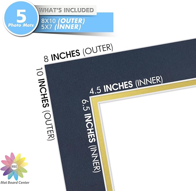 Mat Board Center, Double Mat - Acid Free, 8-ply Thickness, White Core - for Pictures, Photos, Framing (Blue Over Gold, 8x10 for 5x7, Pack of 5)