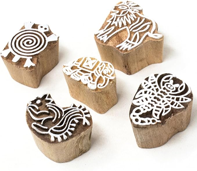 Handcarved Wooden Stamps for Block Printing - Stamps for Mehndi, Saree Border, Scrapbooking, Fabric Textile Paper, Kids, Art Work | Set of 5 | Hashcart®