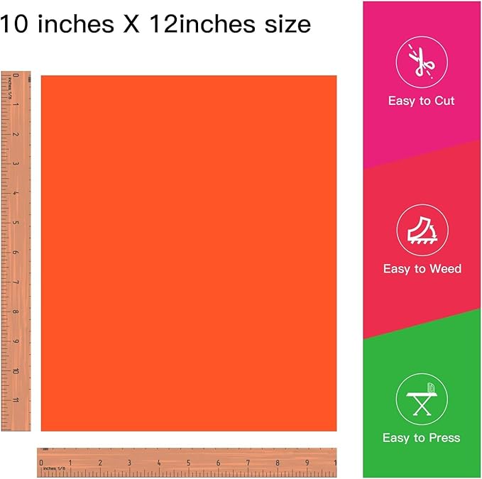 JANDJPACKAGING Neon Orange Heat Transfer Vinyl HTV for T-Shirts 12"x10" 10 Pack Iron on Vinyls (Neon Orange)