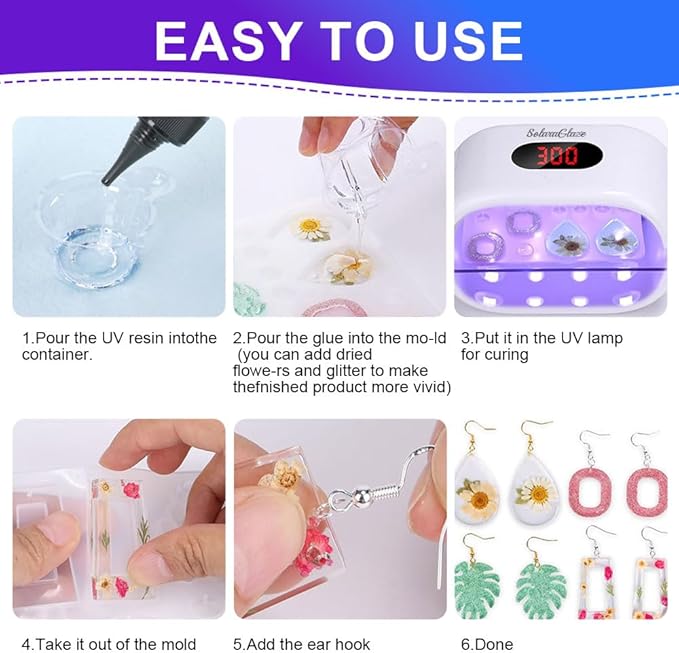 SolaraGlaze UV Resin Kit with Light 240g Hard Type Clear UV Resin Jewelry Making Kit Two-Sided Light and Molds DIY Jewelry Making Supplies for Keychain and Earring
