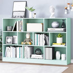IOTXY Open Shelf Low Bookcase - Wooden 3-Tier Floor Standing Display Cabinet Organizer with Base, 10 Cubes Short Horizontal Bookshelf in Tiffany-Green