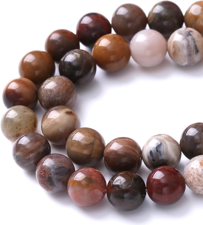 36pcs 10mm Natural Wooden Petrified Jade Agate Gemstone Beads Round Loose Spacer Beads for Jewelry Making DIY Bracelet Necklace 1 Strand 15inch