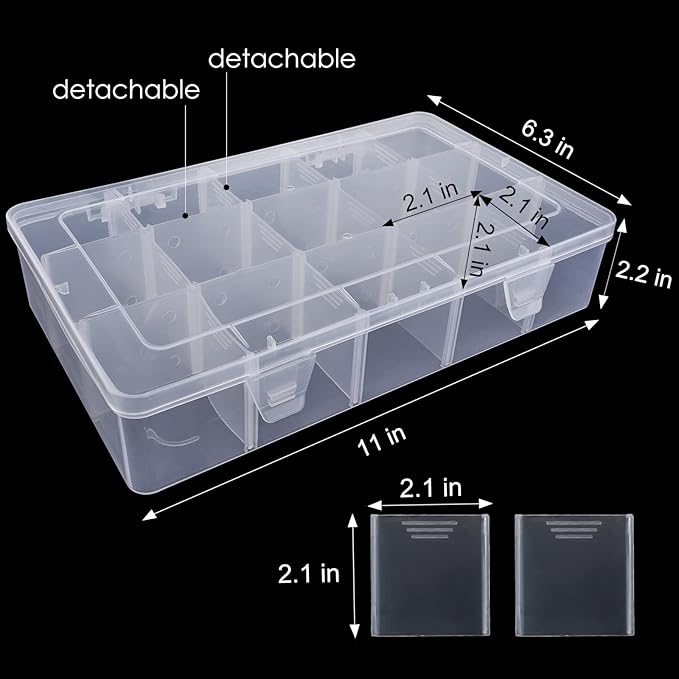 15 Large Grids Plastic Organizer Box with Dividers, Clear Compartment Container Storage for Washi Tapes Beads Crafts Jewelry Fishing Tackles, Size 11 x 6.3 x 2.2 in