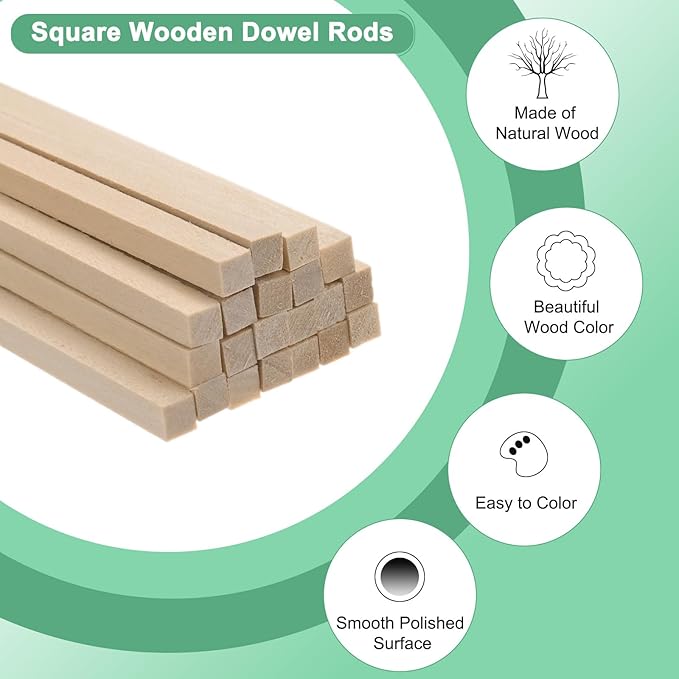10-Pack Wood Square Dowel Rods, 15/64 x 12 Inch Unfinished Wooden Square Dowel Rod, Hardwood Square Dowel Sticks for Crafts/DIY Projects/Models Making [Wood Color]