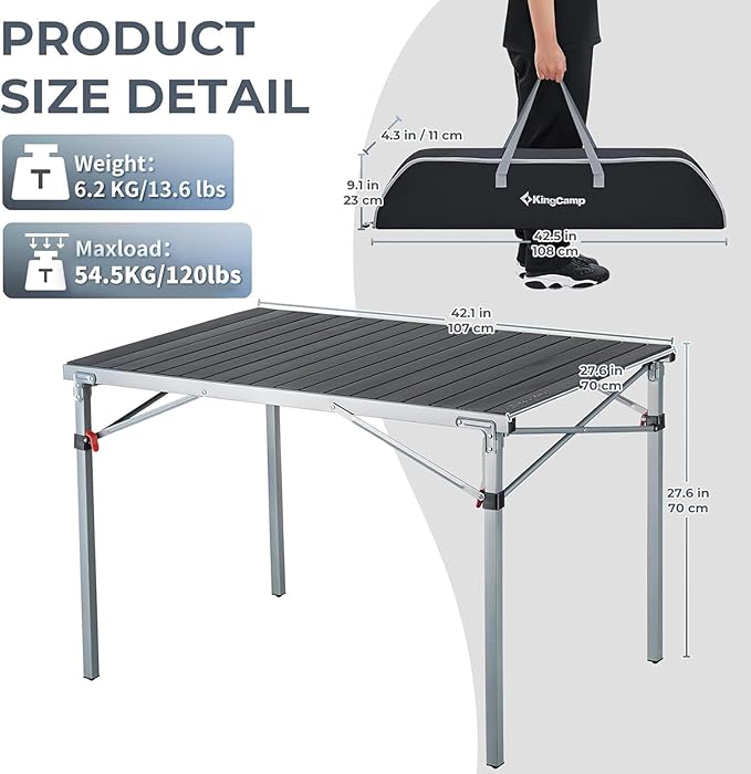 KingCamp Aluminum Folding Lightweight Roll Portable Stable Table for Camping Picnic Barbecue Backyard Party, Indoor & Outdoor, Oversize, Silver Black