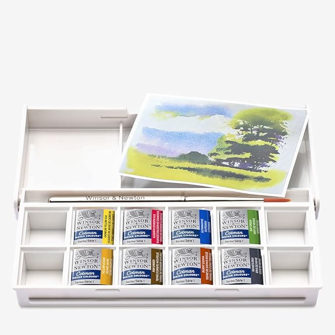Winsor & Newton Cotman Watercolor Paint Set, 8 Half Pan, Landscape Colors w/ Brush