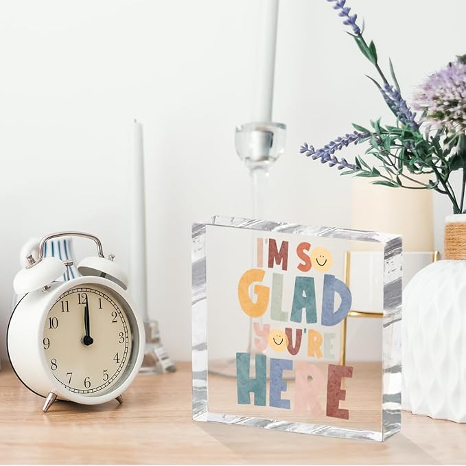 Positive Affirmation Desk Decor Acrylic Sign 4X4 Inch, Motivational Smile Face Desk Decorative Signs for Shelf Tabletop Cubicle Room Office, Welcome Gifts for Women Men Friends