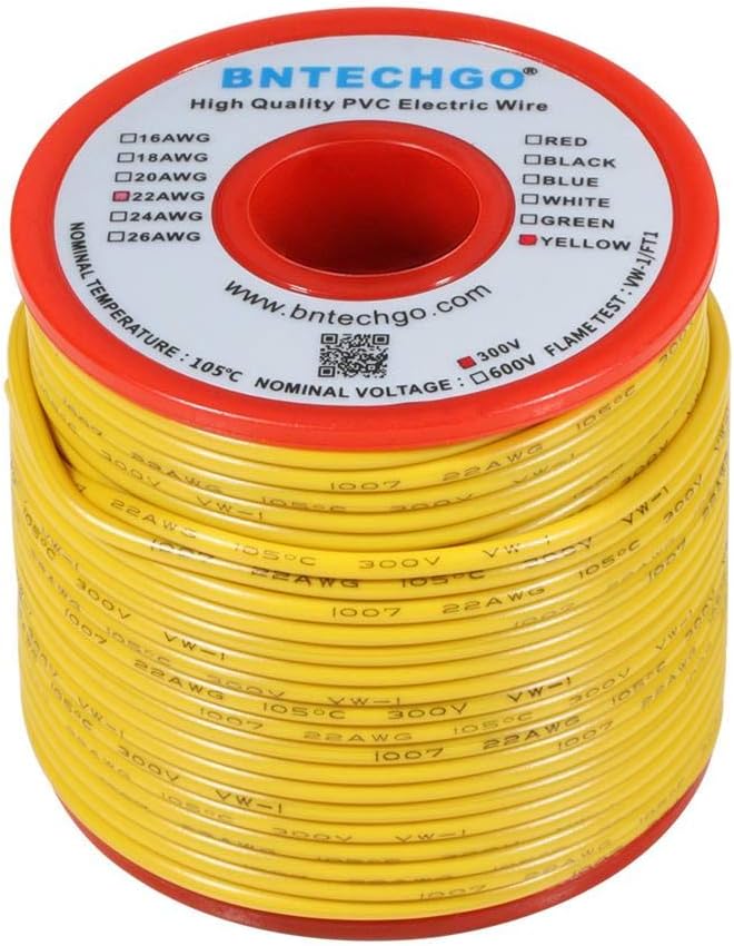 BNTECHGO 22 Gauge PVC 1007 Solid Electric Wire Yellow 100 ft 22 AWG 1007 Hook Up Tinned Copper Wire