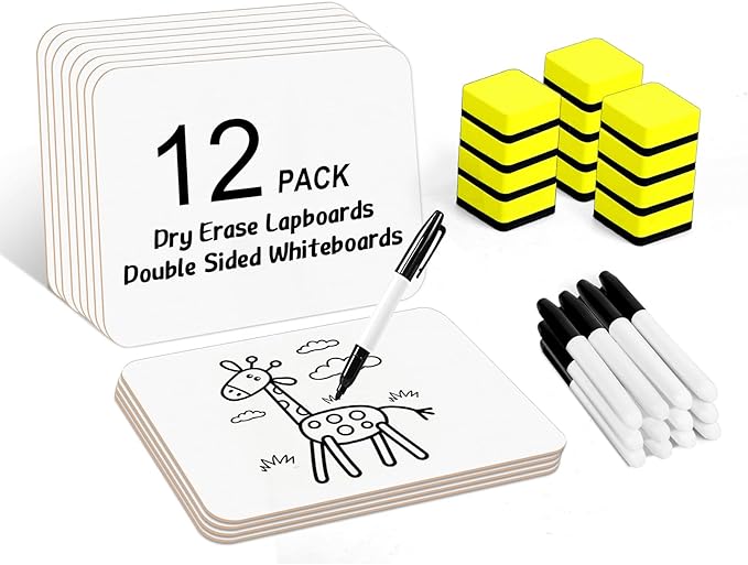 Dry Erase Lapboards, HERKKA 12 Pack Double Sided Dry Erase Lap Boards 9 x 12.5 Inch, 12 Markers, 12 Erasers, Small Dry Erase Boards for Classroom Supplies