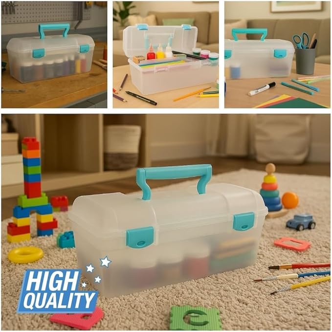 ArtBin 6937AG Essentials Lift-Out Tray Box, Portable Art & Craft Organizer with Handle and Tray, Clear/Aqua