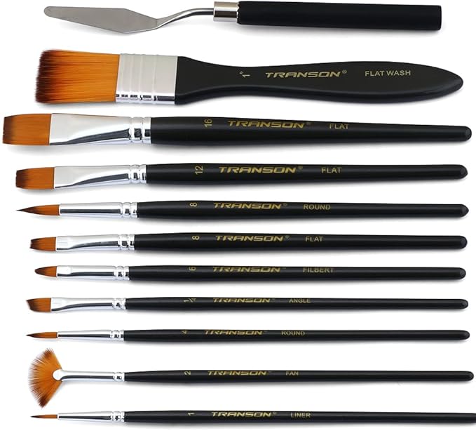 Transon Paint Brush Kit 10pcs Art Brushes and 1 Paint Spatula with Brush Case