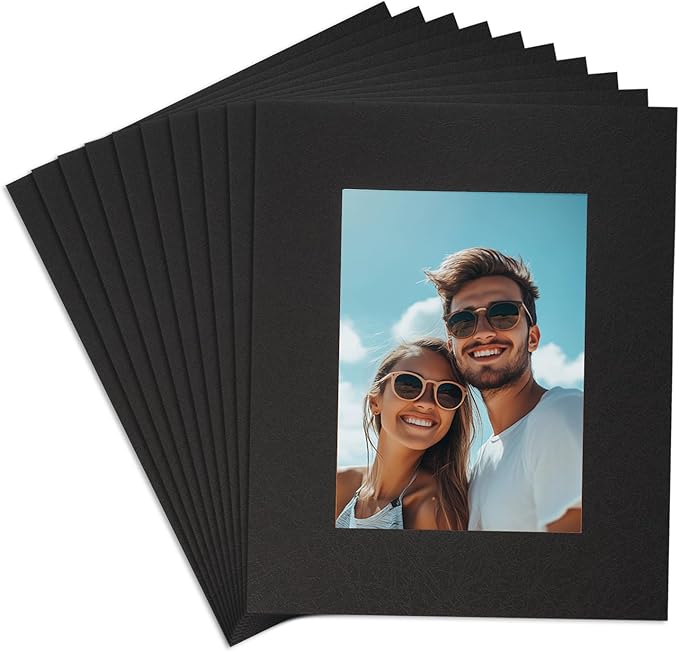 uxcell 10Pcs Picture Mats, 8 x 10 Mat Board Center for 5 x 7 Pictures Acid Free White Core Bevel Cut Frame Mattes for Display Art Measuring, Black