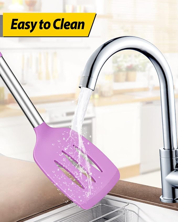 Pack of 4 Silicone Cooking Utensils Set, Non Stick Large Solid Spatulas, Heat Resistant Purple Slotted Spoons, Ideal BPA Free Kitchen Turners for Frying, Mixing,Serving,Draining,Turning,Stirring