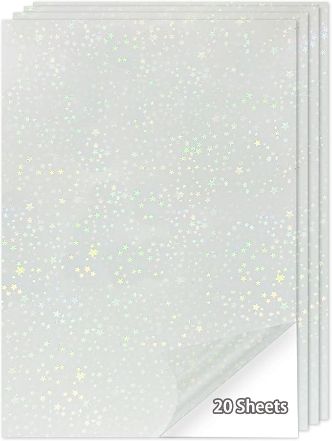 20 Sheets Holographic Sticker Paper,8.5x11 Inch Clear Printable Vinyl Sticker Papers,Self-Adhesive Waterproof for Inkjet/Laser Printer（Clear Five-Pointed Star）