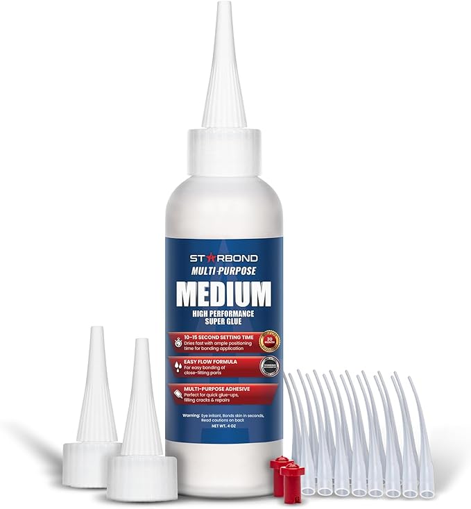 Starbond 4 oz. Medium CA Glue (Premium Cyanoacrylate Super Glue) with Extra Cap and Microtips for Quick Fixes, Woodworking, Woodturning, Hobby Models