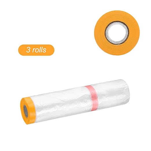 HARFINGTON 3 Rolls Pre-Taped Masking Film 157.5" x65.6ft Double Adhesive Tape and Drape Painters Plastic Drop Cloth Film with Tape Plastic Sheeting for Automotive Painting Covering