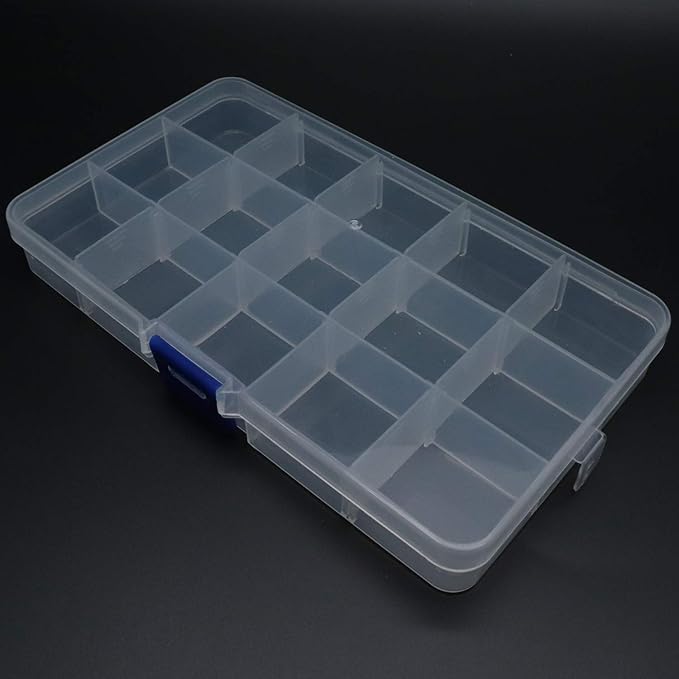Xiaoyztan Clear Plastic Organizer, 15 Small Grids with Adjustable Dividers, Jewelry Box Bead Storage Container for Small Parts, Fishing Tackle, DIY Crafts, and Earrings, 2Pcs
