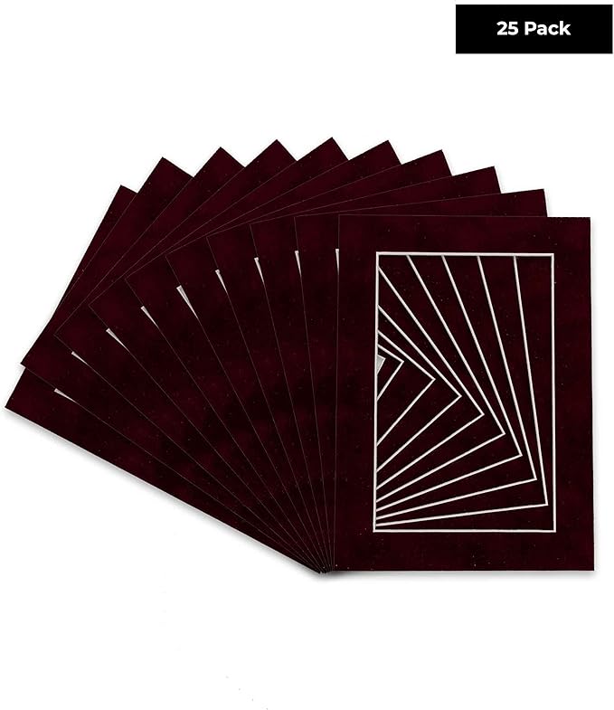 Poster Palooza Pack of 25 Acid Free 8x10 Mats Bevel Cut for 6x8 Photos - Dark Red Suede Precut Matboards For Pictures, Photos, Framing - 4-ply Thickness