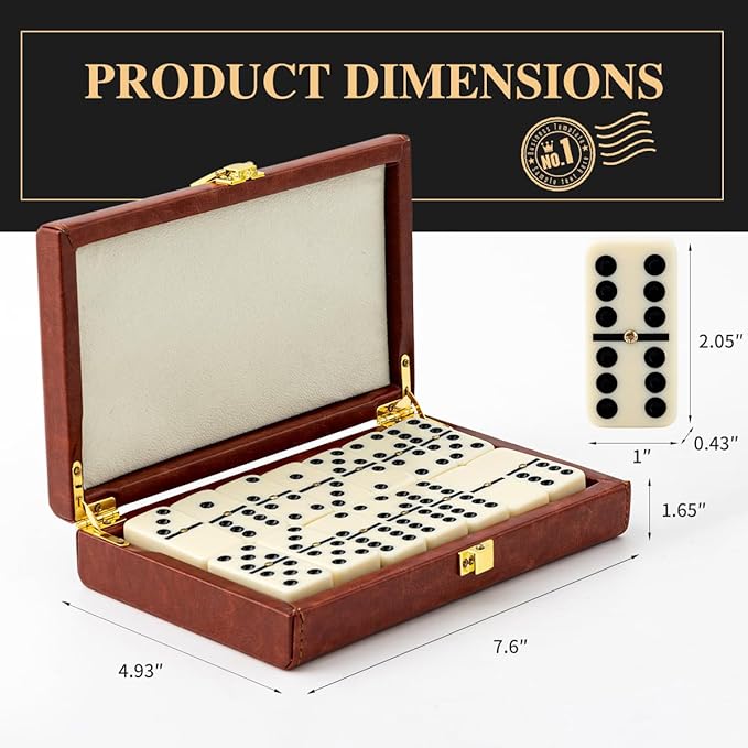 Double 6 Dominoes Set in Leatherette Case (28 Tiles with Spinner), Ivory