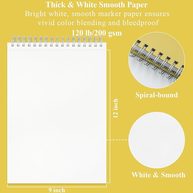 Marker Paper Sketchbook, 9"X12" Alcohol Marker Paper, 60 Sheets (200gsm/ 120lb) Marker Sketchbook Bleedproof, Professional Art Supplies for Adults & Teens.