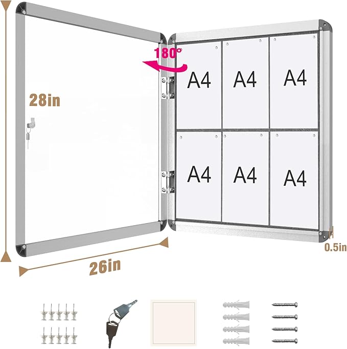 28"x26" Enclosed Bulletin Board, Lockable Weather-Resistant Aluminum Cork Noticeboard for School & Office, Silver Frame w/Grey Flet