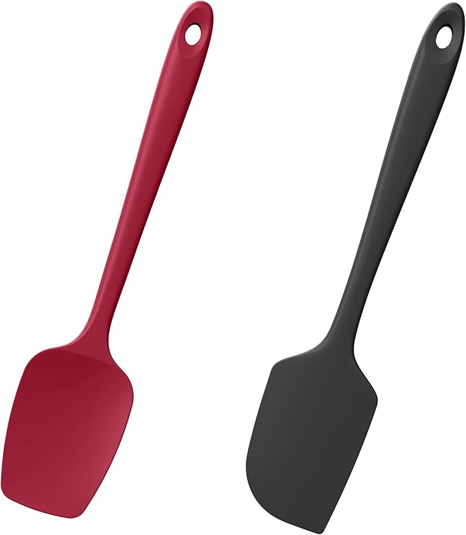 Doosu Silicone Scraper Spoon Spatulas, 600°F Heat Resistant BPA Free Rubber Flat Spatula, Kitchen Mixing Stirring Cooking Spoonula, Non-Stick Dishwasher Safe Baking Supplies (2 Pcs, Black+Red)