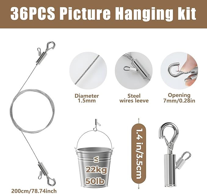 12PCS Picture Hanging Wire Kit for Mirrors, Frames, Artwork, Light Lamp, Billboards, Basket Flowerpot 6.56ft Adjustable Hanging Wire, 3-Hole D Rings Picture Hangers with Screws
