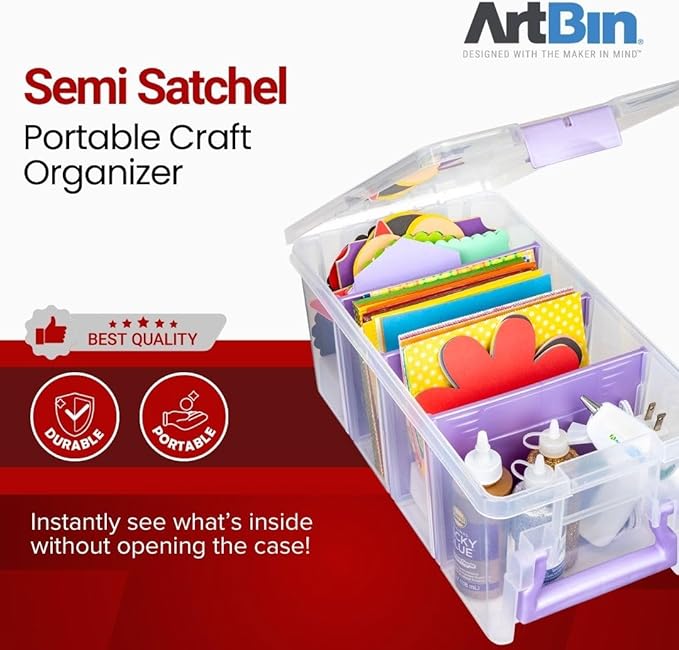 ArtBin Semi Satchel Portable Craft Organizer with 3 Dividers - Clear Plastic Storage Case for Art & Craft Supplies