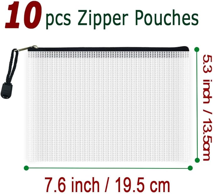 AUSTARK 10 Pcs Zipper File Bags, Waterproof Plastic Mesh Pouch for Office School, Board Game Storage Bags (B6 Size 7.6''x5.3'', White and Black)