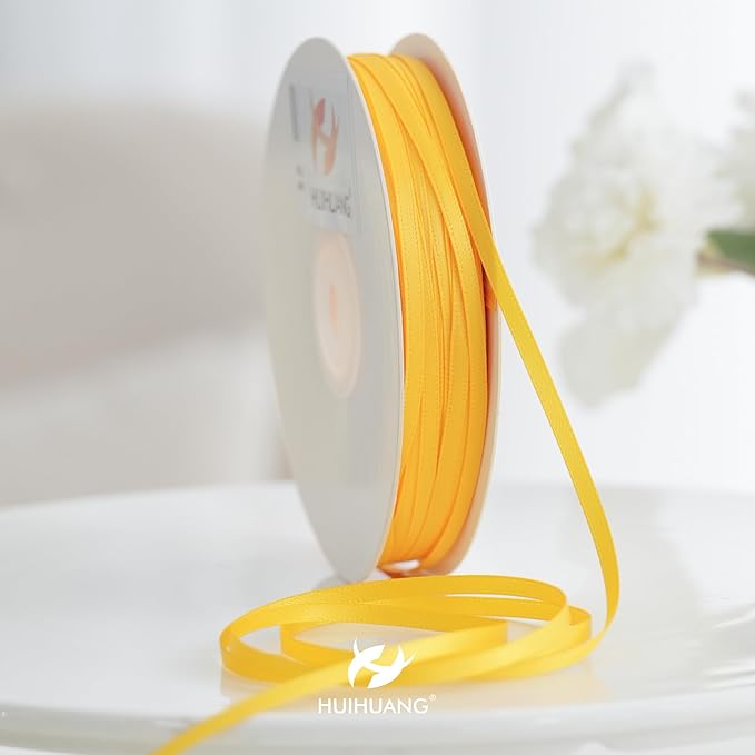HUIHUANG Yellow Satin Ribbon 1/8 inch x Continuous 100 Yards Double Faced Thin Satin Ribbon for Crafts, Gift Wrapping, Wedding Invitation Card, Tag Decoration