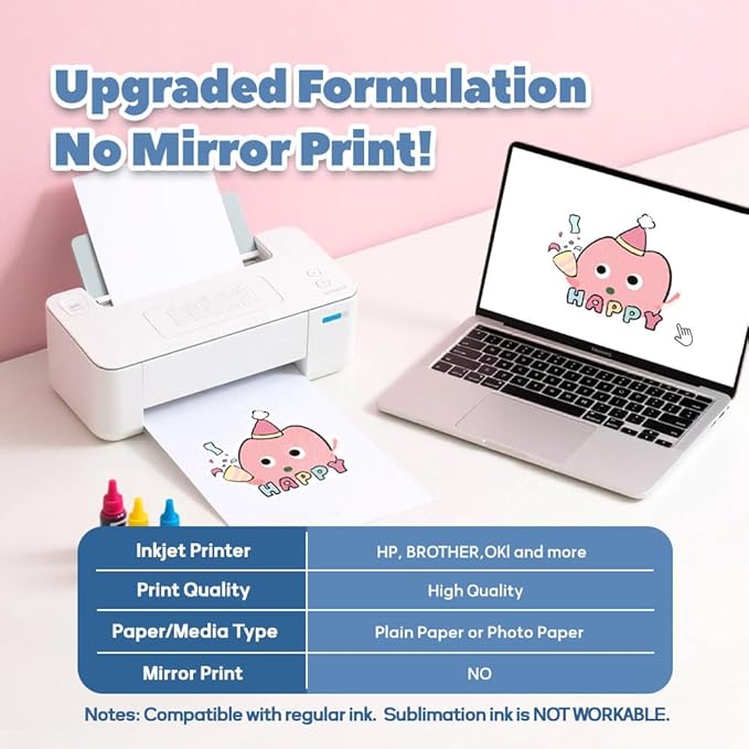 TranSmile PU-Heat Transfer Paper for T Shirts (10 Sheets, 8.5x11'', Light), Iron on Transfers for Light Fabric, Printable Heat Transfer Vinyl for Inkjet Printer